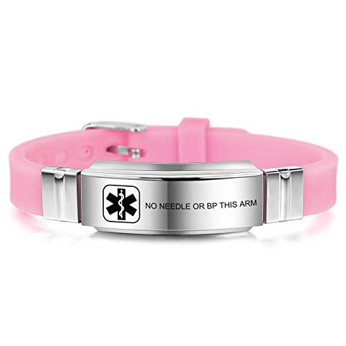 MOWOM Medical Bracelet Custom Engraved Silicone Adjustable Sport ID Identification Alert Stainless Steel - Bundle with Emergency Card, holder (Pink, No Needle Or Bp This Arm)