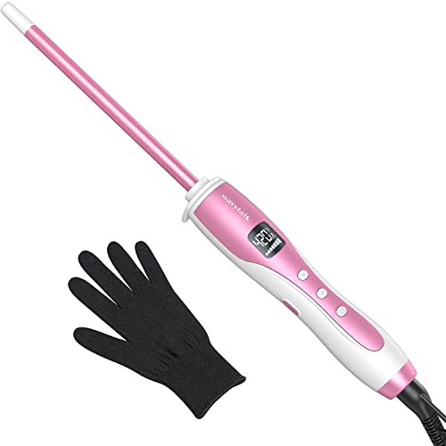 Wavytalk 3/8 Inch Small Curling Wand, Wand Iron for Short & Long Hair, Ceramic Barrel with Adjustable Temperature, Include Heat Resistant Glove (Pink)