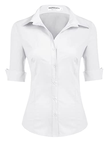 HOTOUCH Womens Fitted White Button Down Shirt 3/4 Sleeve Dress Tops Collared Button Up Blouses(White L)