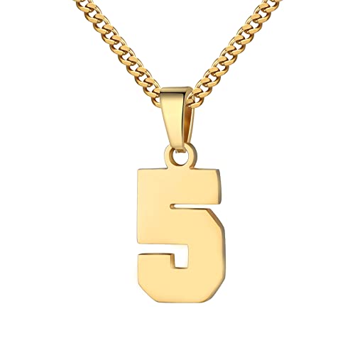 Number Necklace for Boy 0-99 Athletes Jersey Number Necklace Stainless Steel Chain 22+2 inch Personalized Number Charm Pendant Inspirational Jewelry Basketball Baseball Football Gift for Men(Gold5)