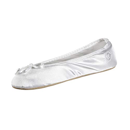 Isotoner Ballerina Slippers for Women – Soft Satin House Shoes with Bow and Suede Sole – Classic Comfy Travel and Bedroom Slippers – Cute Bridal Party Slippers, White Soft Tie Bow, 9.5-10.5