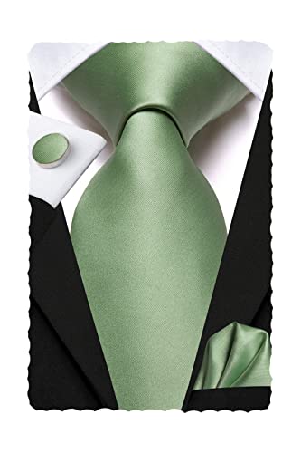 Hi-Tie Solid Sage Green Mens Necktie Silk Tie with Pocket Square Cufflinks Set for Formal Business Party Prom Male