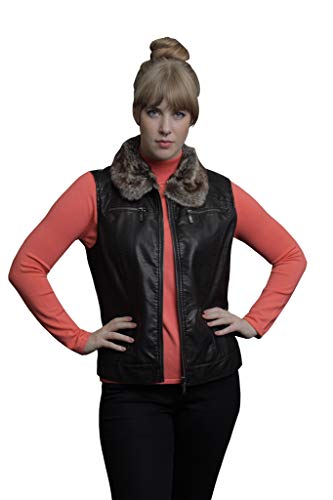 Lisa International Women's Zip Up Pleather Vest with Faux Fur Collar (Large, Brown)