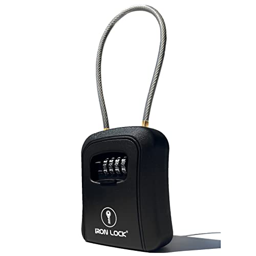 Iron Lock - Key Lock Box Portable and Wall Mounted with Removable Cable Shackle Indoor Outdoor Waterproof 4 Digit Combination with Resettable Code with A B Switch Key Lockbox for Outside Hold 5 Keys