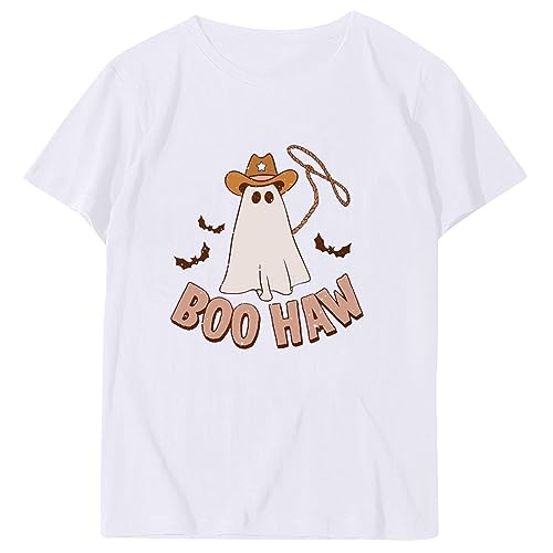 Women Halloween Costumes Warehouse Clearance Womens Boo Haw Halloween Shirts Short Sleeve Round Neck Cute Ghost Graphic Tees Blouses Slim Fit Tunic Casual Trendy Tops White L