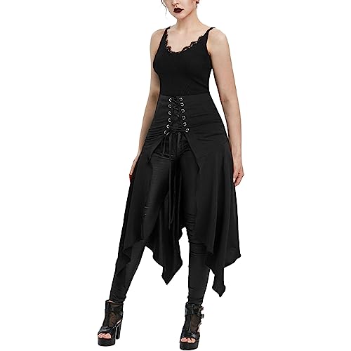 Women's High Waisted Goth Skirt Asymmetrical Hem Strappy Skirt Steampunk Vintage Sexy Halloween Costume Gothic Skirt Wedding Guest Dresses for Women 2024 Robe Femme ETE Black