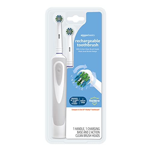 Amazon Basics Battery Powered Rechargeable Toothbrush with Action Clean Brush Heads and Charger, 4 Piece Set, White