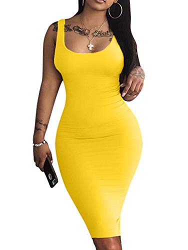 LAGSHIAN Women's Sexy Bodycon Tank Dress Sleeveless Basic Midi Club Dresses Yellow