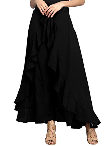 Lrady Women's Ruffle Pants High Waist Trousers Casual Beach Maxi Long Palazzo Overlay Pant Skirts, Black, X-Large