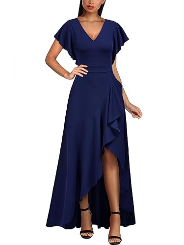 Miusol Women's Formal V Neck Ruffle Split Evening Party Long Dress (X-Large, Navy Blue)