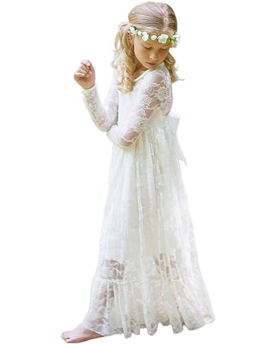 Abaowedding Fancy Ivory White Lace Flower Girl Dress Boho Rustic First Communion Gowns(Size 8,White)