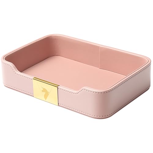 SANZIE Luxury Leather Tray Desktop Storage Catchall Organizer Decorative Tray for Entryway Table to Hold Jewelry Watch Cosmetics Keys Phone Wallet Home & Office Accessories (Pink)