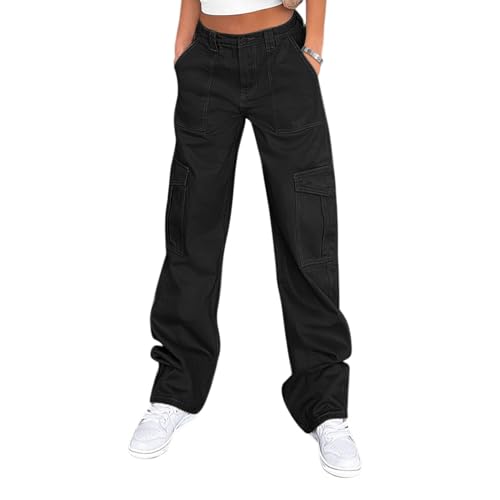 Lepunuo Cargo Pants for Women High Waisted Casual Pants Baggy Stretchy Wide Leg Y2K Streetwear with 6 Pockets Black