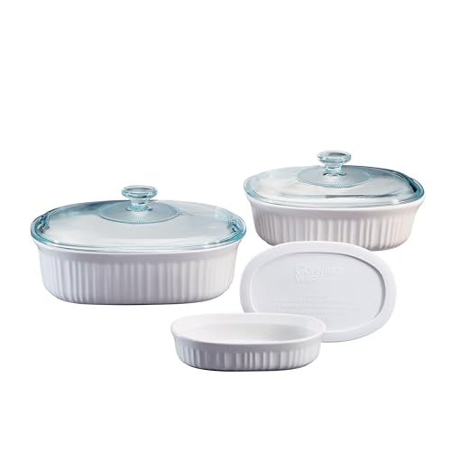 CorningWare Ceramic Bakeware Set with Lids, Chip and Crack Resistant Stoneware Baking Dish, Microwave, Dishwasher, Oven, Freezer and Fridge Safe, 6-Piece French White