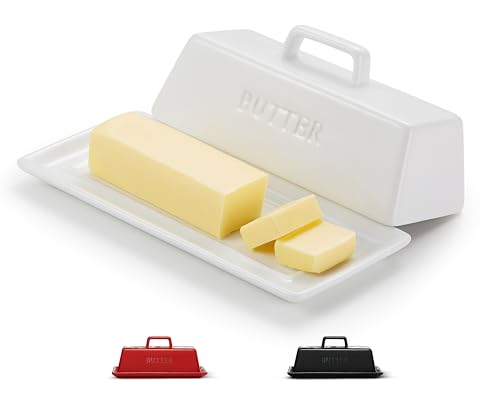Butter Dish with Lid for Countertop, by Kook, Ceramic Butter Dish, Butter Tray with Cover, Kitchen Butter Keeper, Butter Container, Butter Holder, Holds 1 Stick, Microwave and Dishwasher Safe, White