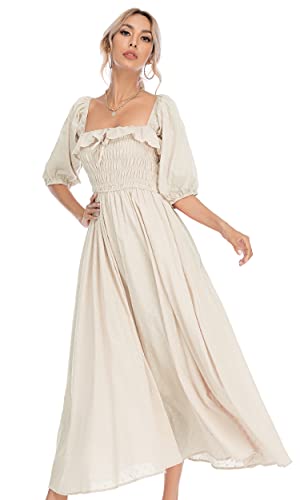 R.Vivimos Women Summer Half Sleeve Cotton Ruffled Vintage Elegant Backless A Line Flowy Long Dresses (Small, Beige-1)