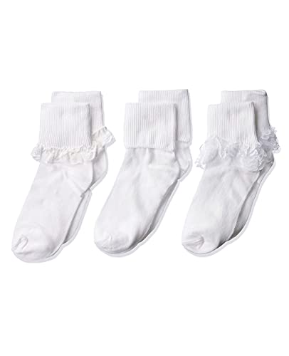 Jefferies Socks Big Girls Eyelet Lace/Turn Cuff/Fancy Lace Girls Socks 3 Pack, White, X-Small