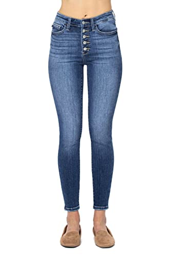 Judy Blue Women's High Rise Exposed Button Fly Skinny Jeans (Medium Blue, 16 Plus)