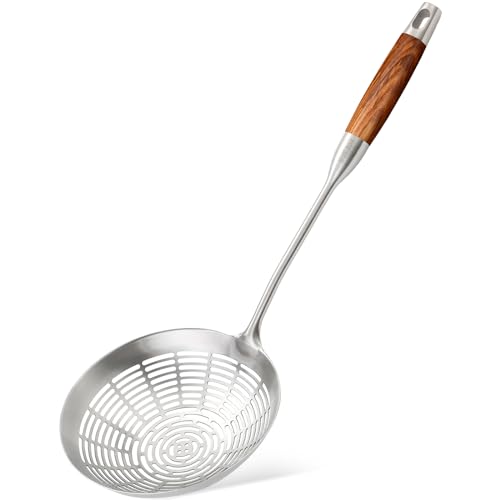 Skimmer Slotted Spoon，304 Stainless Steel Spider Strainer Skimmer Ladle Spoon with Ergonomic Wooden Handle，Food Grade Strainer Spoon for Kitchen Cooking Draining and Frying (17 Inch)