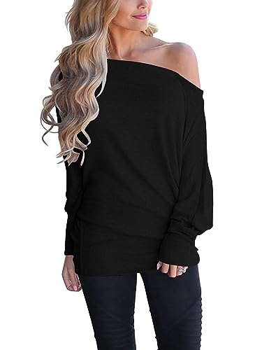 Poetsky Women Plus Size Tops Batwing Sleeve Shirt Off The Shoulder Blouses Long Top (XXL, Black)