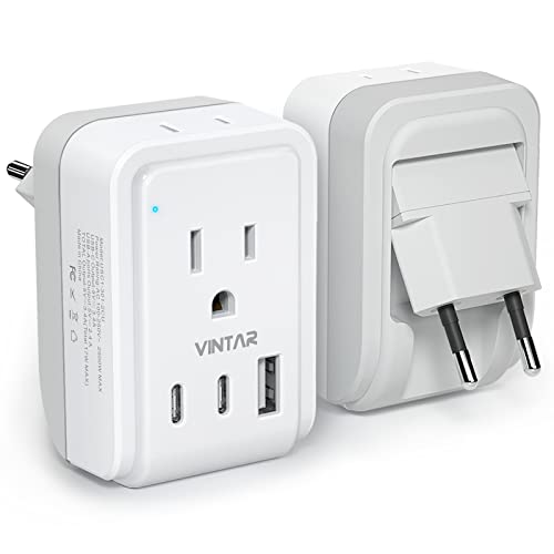 [1-Pack] European Travel Plug Adapter, VINTAR Foldable International Power Plug with 2 AC Outlets 3 USB Ports(2 USB C), Type C Travel Essentials Charger for US to Most of Europe EU Italy Spain France