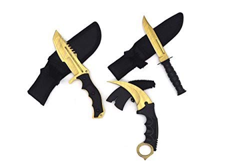 Falcon CSGO Tactical Fixed Blade Set. 3 PCS Tactical Daggers. 2 Different Combo. for Collection, Gift, and Outdoors Camping Cut Ropes, Branches (Gold)