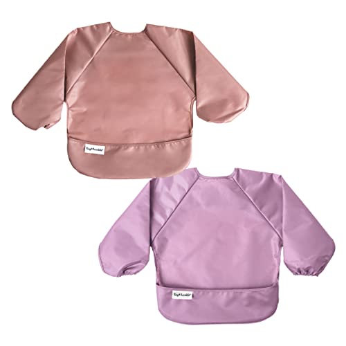 Tiny Twinkle Mess Proof Baby Bib, 2 Pack Long Sleeve Bib Outfit, Waterproof Bibs for Toddlers, Machine Washable, Tug Proof (Taupe Lilac, Small 6-24 Months)