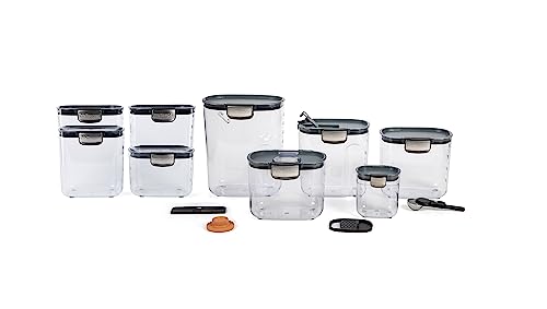 Progressive International ProKeeper+ 13 Piece Clear Plastic Airtight Food Flour Snack & Sugar Baker's Kitchen Container Canister Set with Magnetic Accessories, Brown,Clear (PKS-13PC (13-Piece Set))