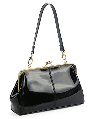 Vintage Kiss Lock Handbags Shiny Patent Leather Evening Shoulder Tote Bags with Chain Strap (Black) Medium