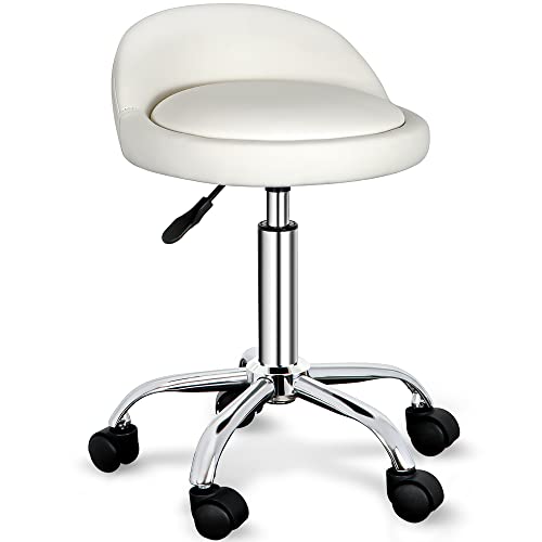 Nova Microdermabrasion Rolling Stool Swivel Salon Stool Chair Adjustable Drafting Stool Tattoo Office Massage Medical Facial Spa Stool with PU Cushion Backrest(White)