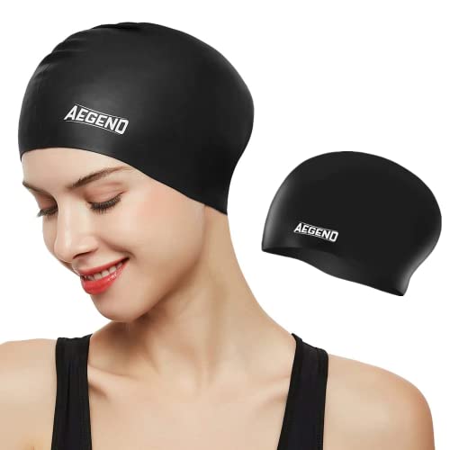 Aegend Swim Caps for Long Hair, Durable Silicone Swimming Caps for Women Men Adults Youths Kids, Easy to Put On and Off, 1 Pack, Black