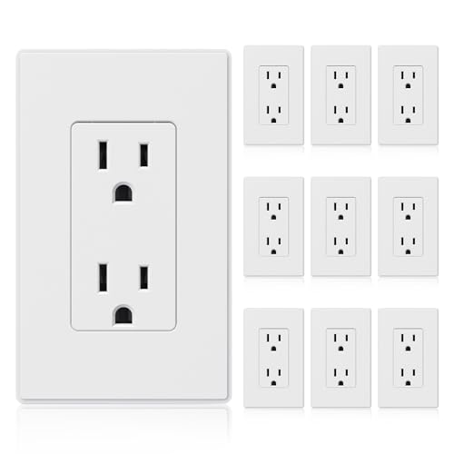ELEGRP Matte White Standard Decorator Electrical Wall Receptacle Outlet, 15A 125V, 2 Pole 3 Wire, Non- Tamper Resistant, NEMA 5-15R, Self-Grounding, Wall Plate Included, UL Listed, 10 Pack
