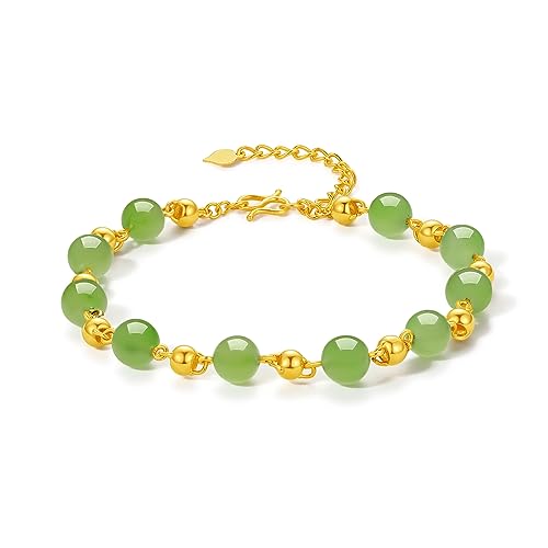 ZHOU LIU FU 24K Solid Gold Bracelets for Women, Real Pure Gold Jewelry Dainty Fortune Gold Bead Chain Bracelet Green Jade Jasper Bracelet for Teen Girl Couples Lovers