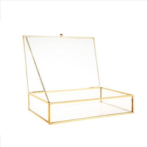 Feyarl Gold Clear Glass Jewelry Trinket Box Photo Cards Shadow Lidded Box Organizer Collection Display Case Decorative Keepsake Box for Home Deco