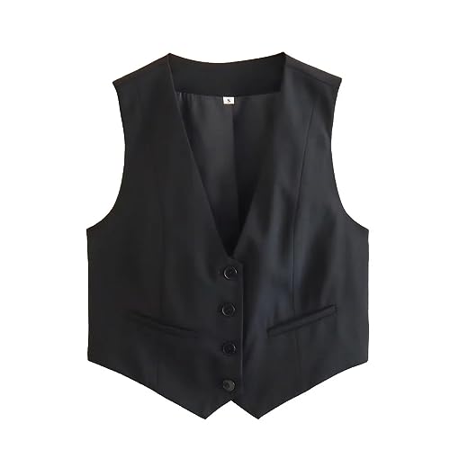 Pofihavi Cropped Suit Vest for Women 2024 Button Up Business Casual Dressy Waistcoat Vest Tops (Small,Black)