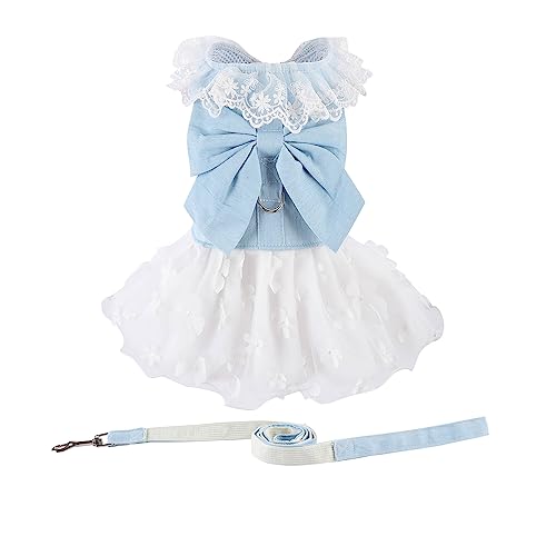 Dog Denim Dress with Leash Ring, Puppy Bowknot Lace Mesh Princess Skirt for Small Pet Fashion Clothes(Light Blue,Small)