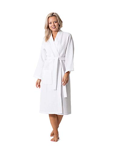 Turkish Linen Waffle Knit Lightweight Kimono Spa & Bath Robes for Women - Quick Dry - Soft (White, Medium)