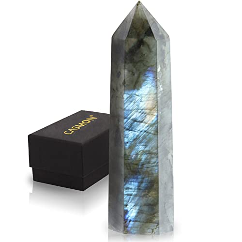 CASMON Labradorite Crystal Wand 3.2'-3.5' Healing Crystal Tower, Natural Large 6 Faceted Point Wands with Gift Box for Reiki, Chakra, Meditation, Collection, Home Décor