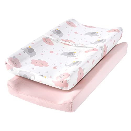 TILLYOU Changing Pad Cover Set in Soft Jersey Material - Fits 32'/34''x16' Contoured Pad for Babies,Elephant & Cloud, Pink