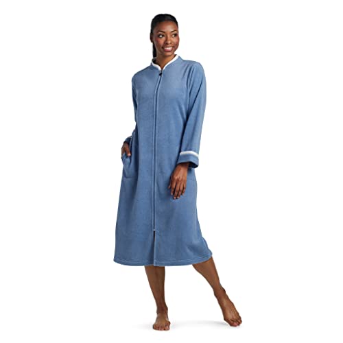 Miss Elaine Robe - Women's Robe Long, Zip Front Soft Fleece Robe with Long Sleeves, Collared Neck, Pockets, Womens Lingerie, Sleepwear and Loungewear (2X, Antique Blue)