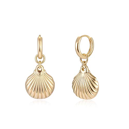 MYEARS Women Clam Shell Earrings Gold Huggie Hoop Dangle Drop 14K Gold Filled Small Boho Beach Simple Delicate Handmade Hypoallergenic Jewelry Gift