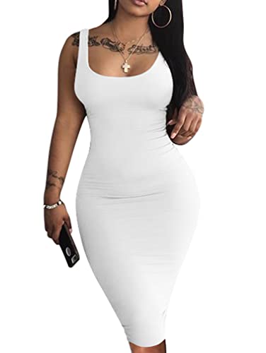 LAGSHIAN Women's Sexy Bodycon Tank Dress Sleeveless Basic Midi Club Dresses White
