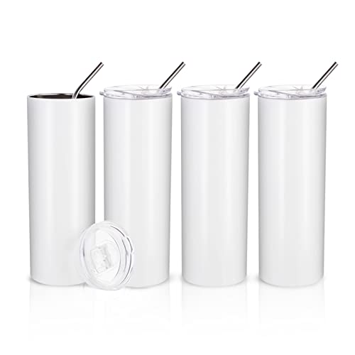 PYD Life Skinny 20 OZ Straight Stainless Steel White Tumbler with Metal Straw for Heat Press Machine Printing 4 Pack