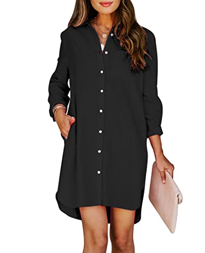 Aoudery Womens Button Down Shirt Dresses with Pockets Cotton Button Up Tunics Long Sleeve Solid High Low Blouse Tops-Black-S