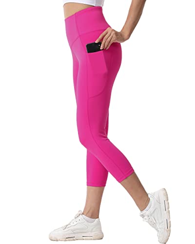 Kcutteyg Yoga Pants for Women with Pockets High Waisted Leggings Workout Sports Running Athletic Pants (Capri Hot Pink, Small)