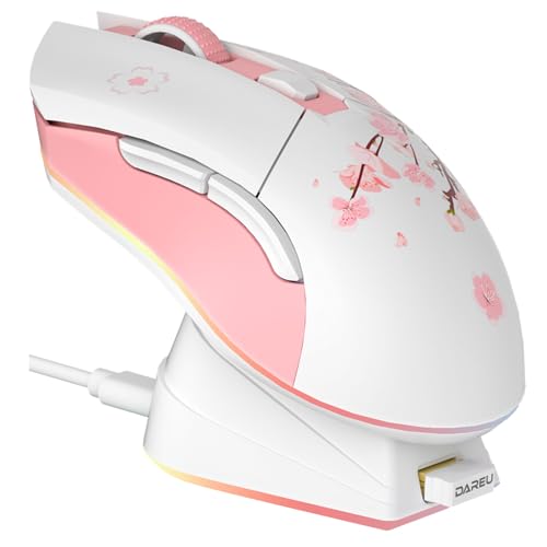 DAREU Sakura Pink Wireless Gaming Mouse with Charging Dock Rechargeable RGB,12K DPI,7 Programmable Buttons High-Precision Sensor [300IPS] [1000Hz] for PC Notebook Mac
