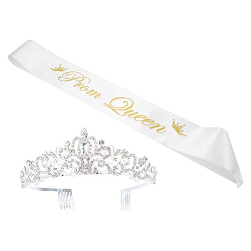 Kisangel Prom Queen Satin Sash Graduation Wedding Crown with Comb Set Bridal Tiaras School Party Accessories Headband Jewelry Headdress for Women Girls