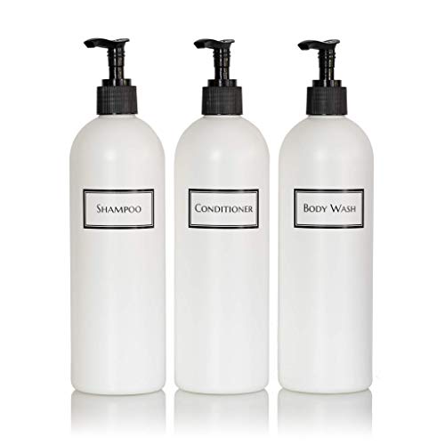 Artanis Home Silkscreened Empty Shower Bottle Set for Shampoo, Conditioner, and Body Wash, Cosmo/Bullet 16 oz 3-pack, White (Black Pumps)