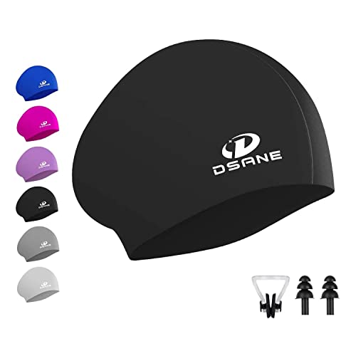 Womens Silicone Swim Cap for Long Hair,3D Ergonomic Design Silicone Swimming Caps for Women Kids Men Adults Boys Girls with Ear Plug and Nose Clip(Black/M)