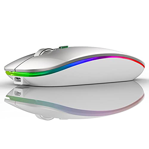 Uiosmuph LED Wireless Mouse, G12 Slim Rechargeable Silent Mouse, 2.4G Portable Optical Computer Mice with USB Receiver and Type C Adapter (Silver)